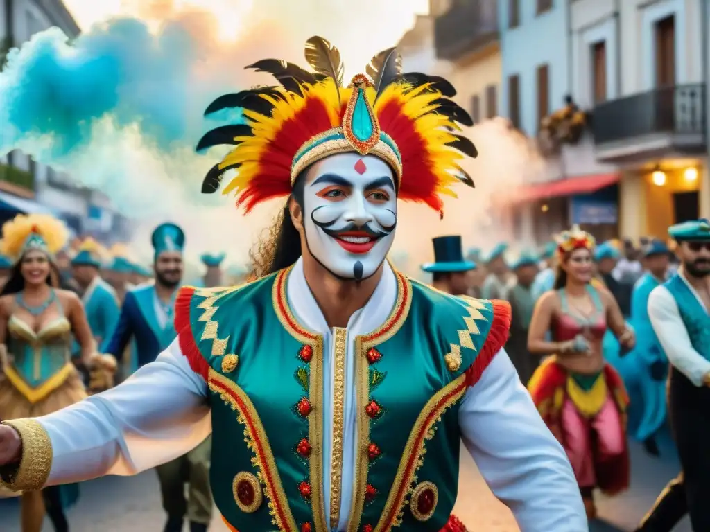 Desfile de Carnaval en Uruguay: una explosión de color y alegría Merchandising oficial Carnaval Uruguayo: Detalle de un vibrante desfile de Carnaval en Uruguay con bailarines y carrozas coloridas