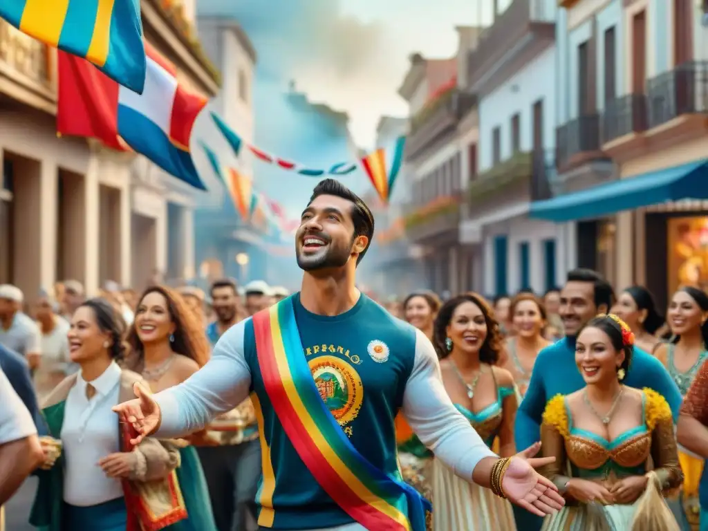 Desfile colorido del Carnaval Uruguayo: alegría y comunidad Merchandising oficial Carnaval Uruguayo: Desfile colorido de murgas y comparsas, espectadores animados y souvenirs festivos