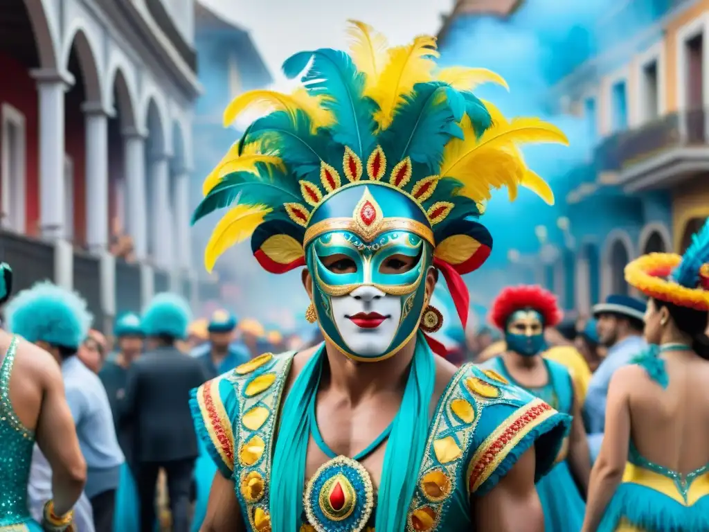 Carnaval en Uruguay: Desfile colorido y alegre Merchandising oficial Carnaval Uruguayo 2023: Pintura acuarela detallada de desfile colorido en Uruguay