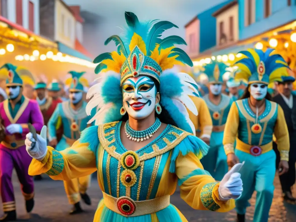 Pintura acuarela detallada del Carnaval en Uruguay Merchandising oficial Carnaval Uruguayo: Acuarela detallada de desfile vibrante con trajes coloridos y música alegre