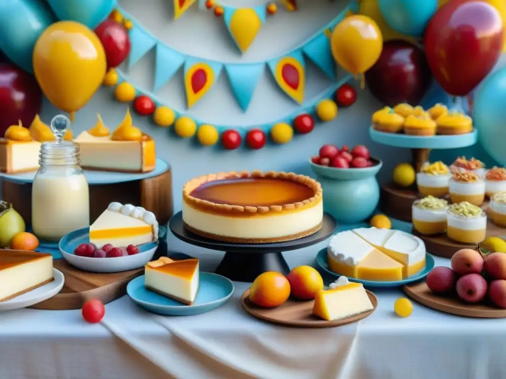 Delicioso buffet de postres uruguayos para Carnaval Una mesa de postres uruguayos con queso y dulce y decoraciones de carnaval, reflejando la comida de Carnaval Uruguayo