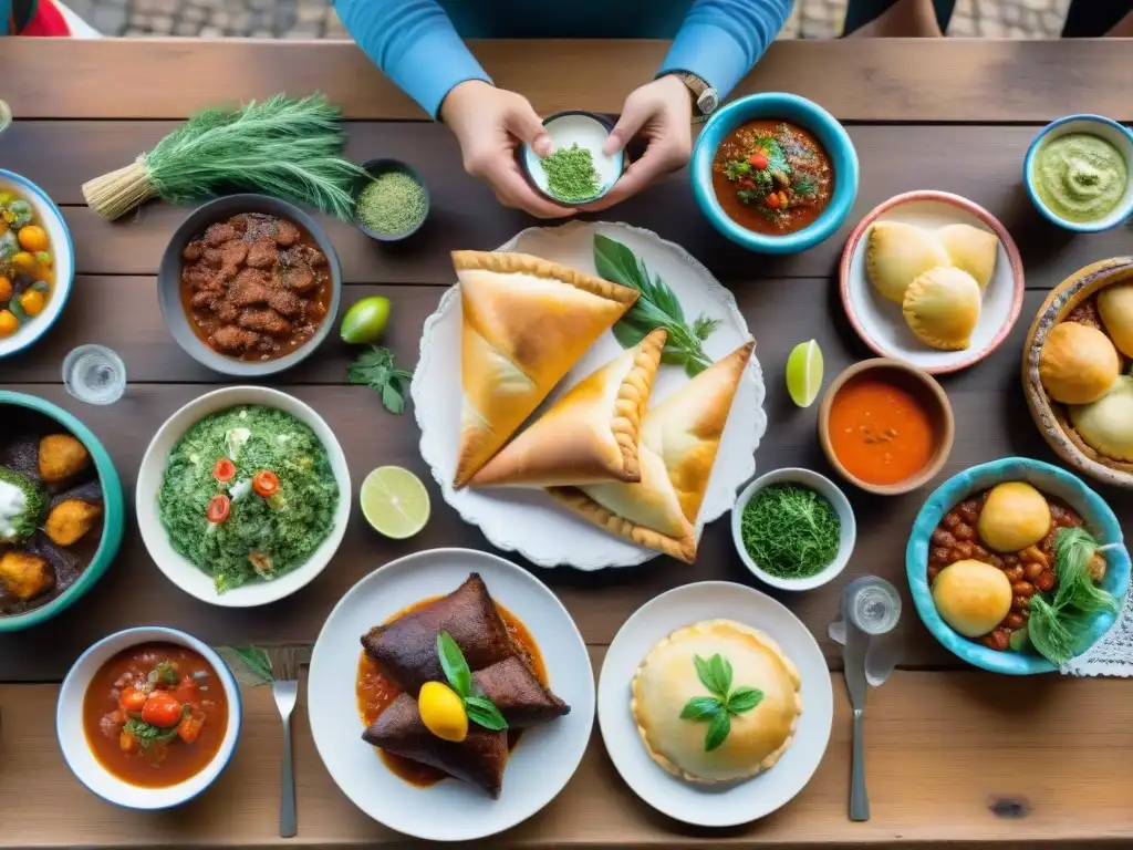 Deliciosa fiesta de Carnaval uruguayo: asado, milanesas y más Una mesa rústica rebosante de los platos tradicionales del Carnaval Uruguayo, con chefs preparando la fiesta culinaria