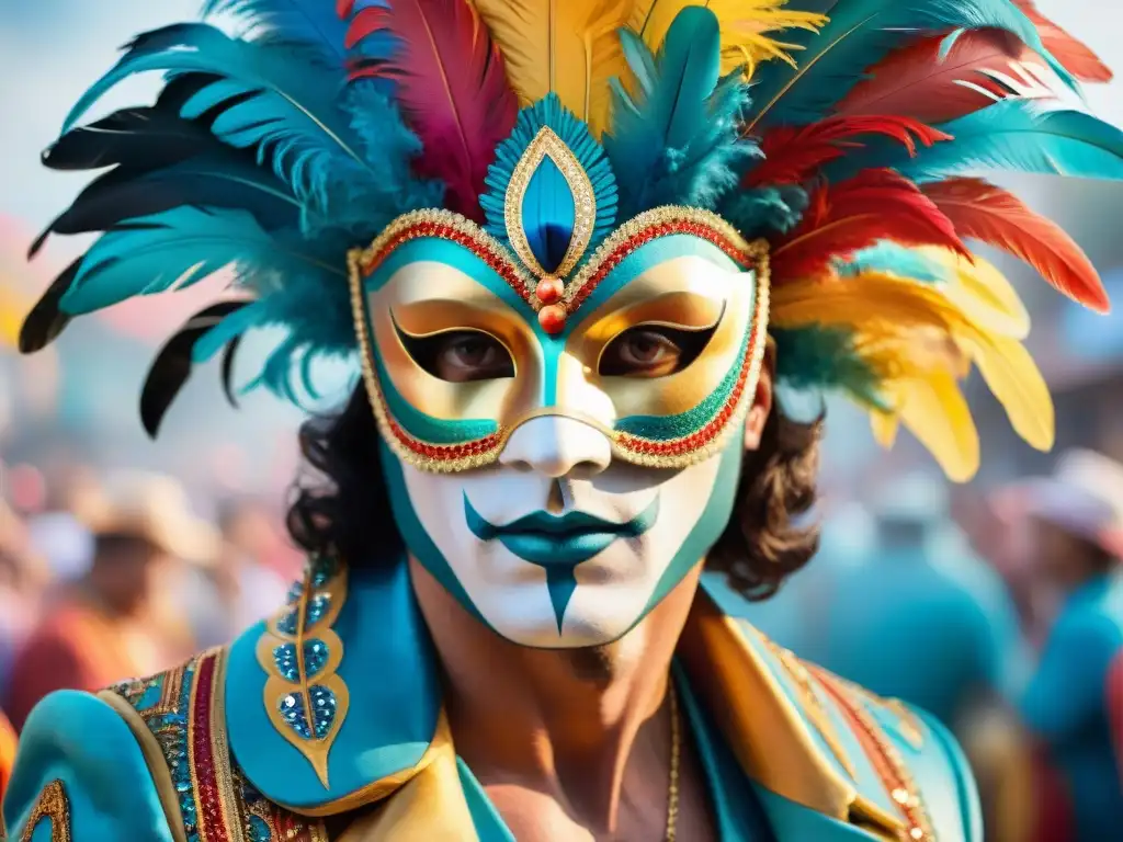 Mirada enérgica de carnavalero en Uruguay Miradas vibrantes de un Carnaval Uruguayo, transmitiendo emoción y tradición en un detallado acuarela