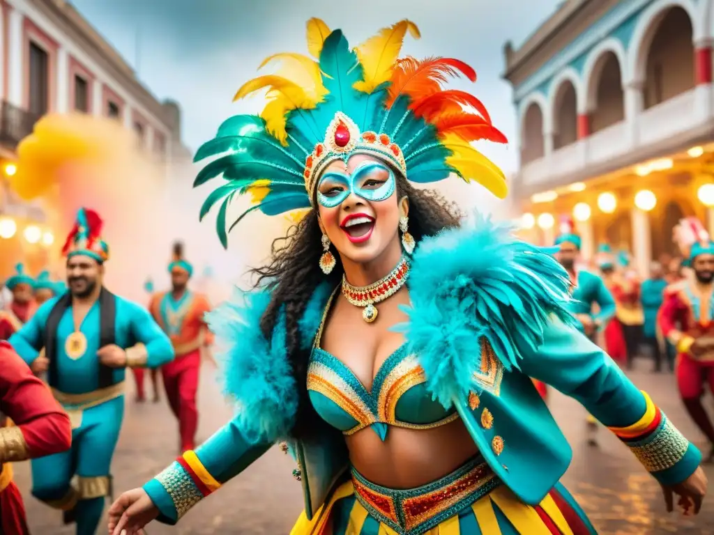 Ilustración acuarela detallada: Carnaval Uruguayo vibrante Captura momentos mágicos del Carnaval en Uruguay: desfile vibrante con bailarines, arquitectura tradicional y alegría en cada pincelada