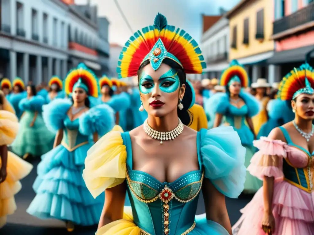 Deslumbrante desfile de Carnaval en Uruguay: Mujeres poderosas y coloridas Mujeres en el Carnaval Uruguayo: Desfile vibrante con trajes elaborados, mostrando diversidad y fuerza femenina en la festividad