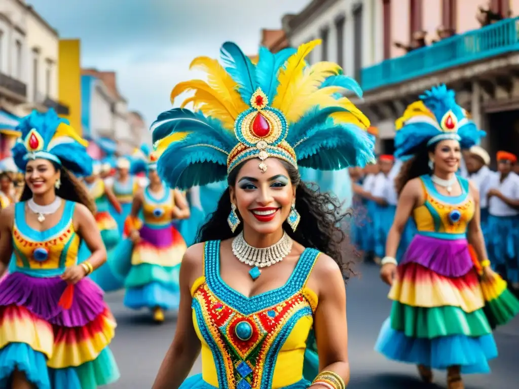 Deslumbrante Carnaval en Uruguay: Mujeres en Coloridos Atuendos Mujeres en el Carnaval Uruguayo: Desfile vibrante y festivo con trajes tradicionales coloridos y mucha alegría