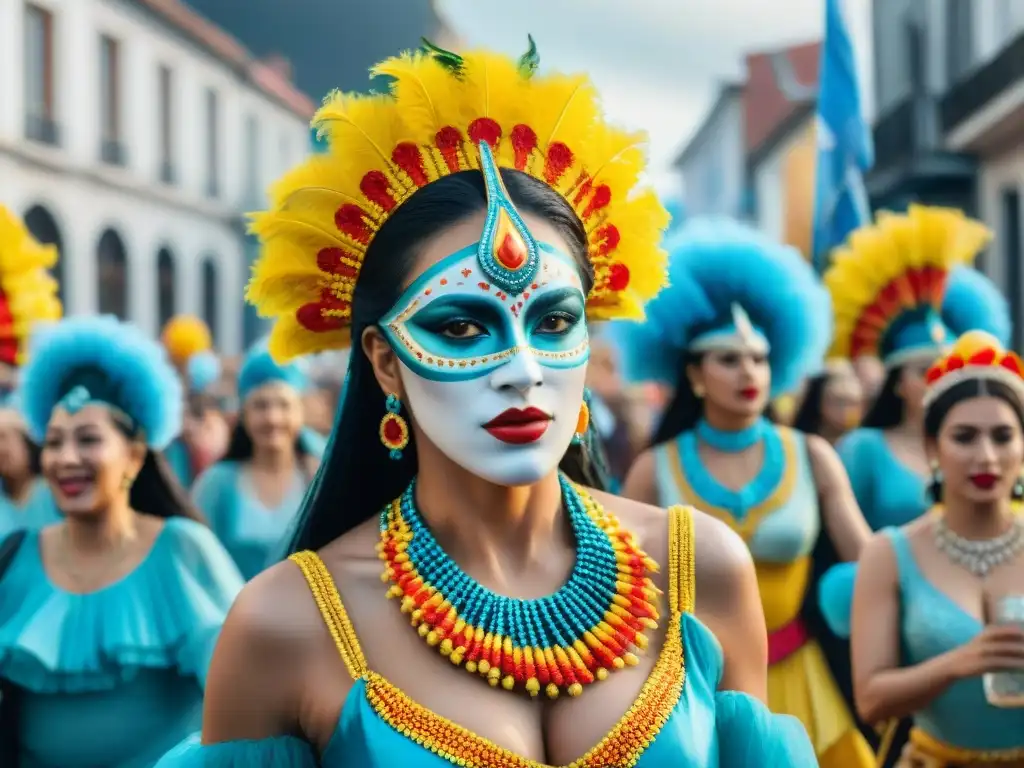 Pintura acuarela detallada del Carnaval en Uruguay Mujeres en el Carnaval Uruguayo: Detalle de desfile vibrante con trajes coloridos y festividad en las calles
