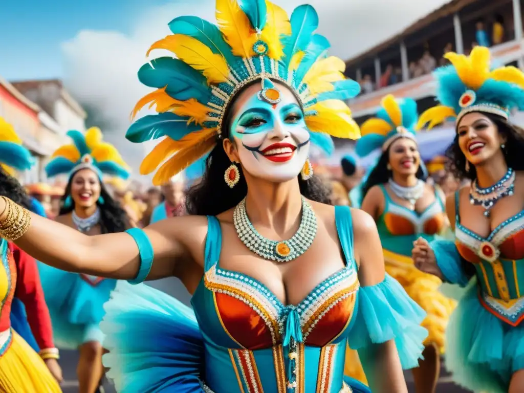 Empoderamiento femenino en el Carnaval Uruguayo Mujeres empoderadas danzando en el Carnaval Uruguayo con trajes coloridos y expresiones alegres