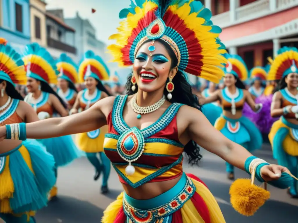 Colorido Carnaval en Uruguay: Mujeres empoderadas bailando Mujeres empoderadas danzan en desfile colorido de Carnaval Uruguayo