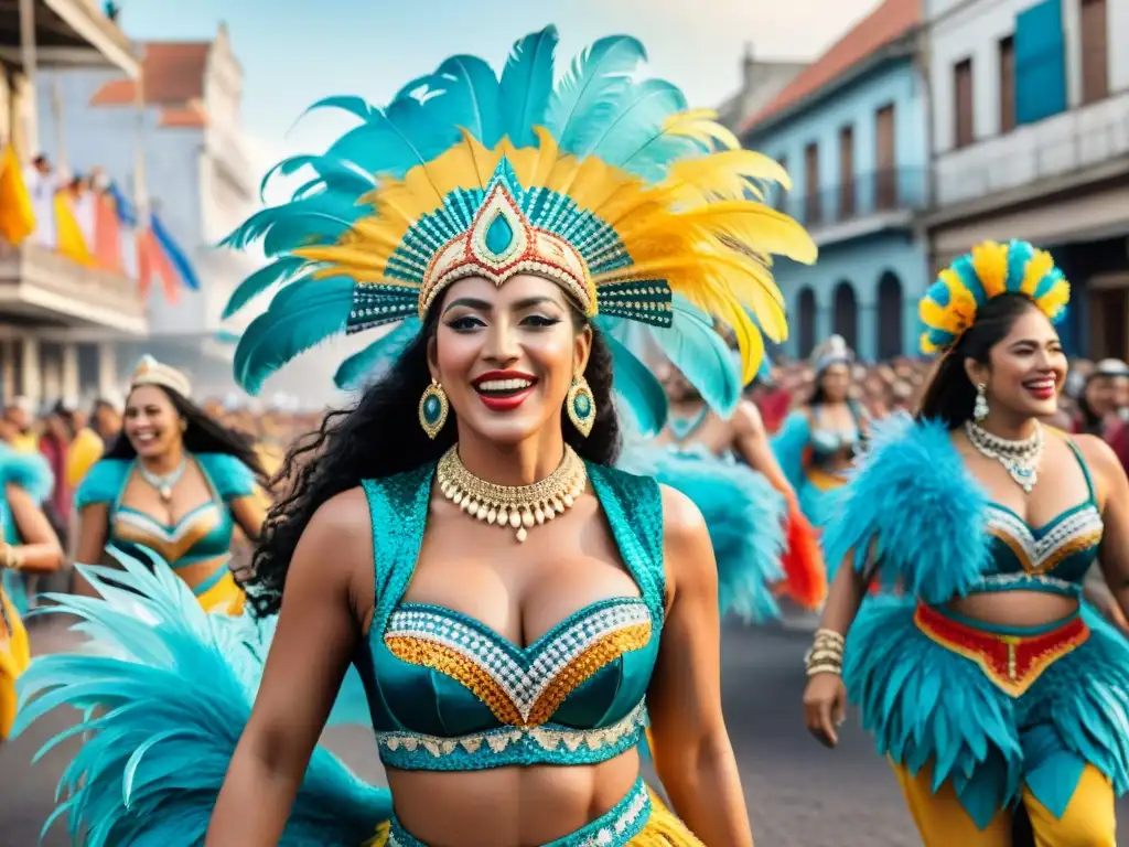 Deslumbrante desfile de Carnaval en Uruguay: mujeres empoderadas danzando Mujeres empoderadas danzando en el vibrante Carnaval Uruguayo, reflejando la participación femenina