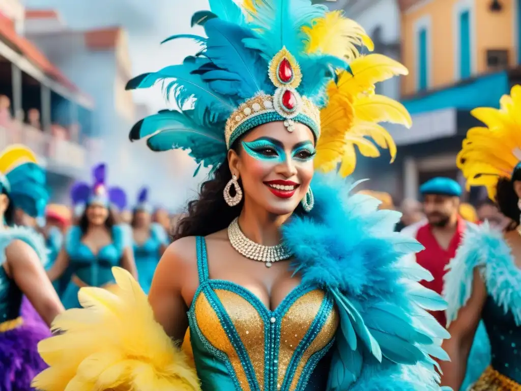 Empoderamiento femenino en el Carnaval de Uruguay: danza y color Mujeres líderes en Carnaval Uruguayo: Grupo diverso bailando con alegría en colorido desfile de Carnaval