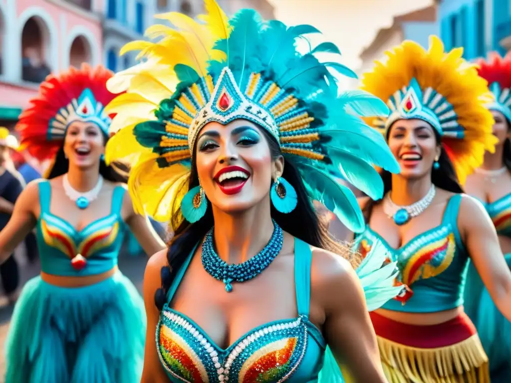 Carnaval de Uruguay: Mujeres vibrantes en danza Mujeres en trajes de Carnaval Uruguayo danzan alegremente en las calles, destacando la participación femenina