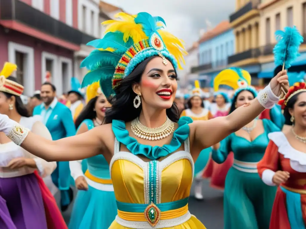 Empoderamiento femenino en el Carnaval de Uruguay Mujeres en trajes de Carnaval Uruguayo bailando con empoderamiento en una calle festiva llena de espectadores