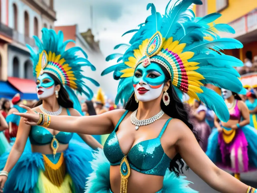 Coloridas mujeres uruguayas celebran en desfile de carnaval Mujeres en trajes tradicionales bailando en Carnaval Uruguayo, celebrando la participación femenina
