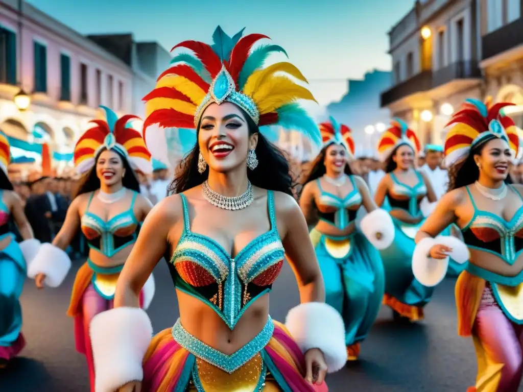 Carnaval de Uruguay: Empoderamiento femenino en acuarela Mujeres en vibrante Carnaval Uruguayo, danzando con fuerza y alegría