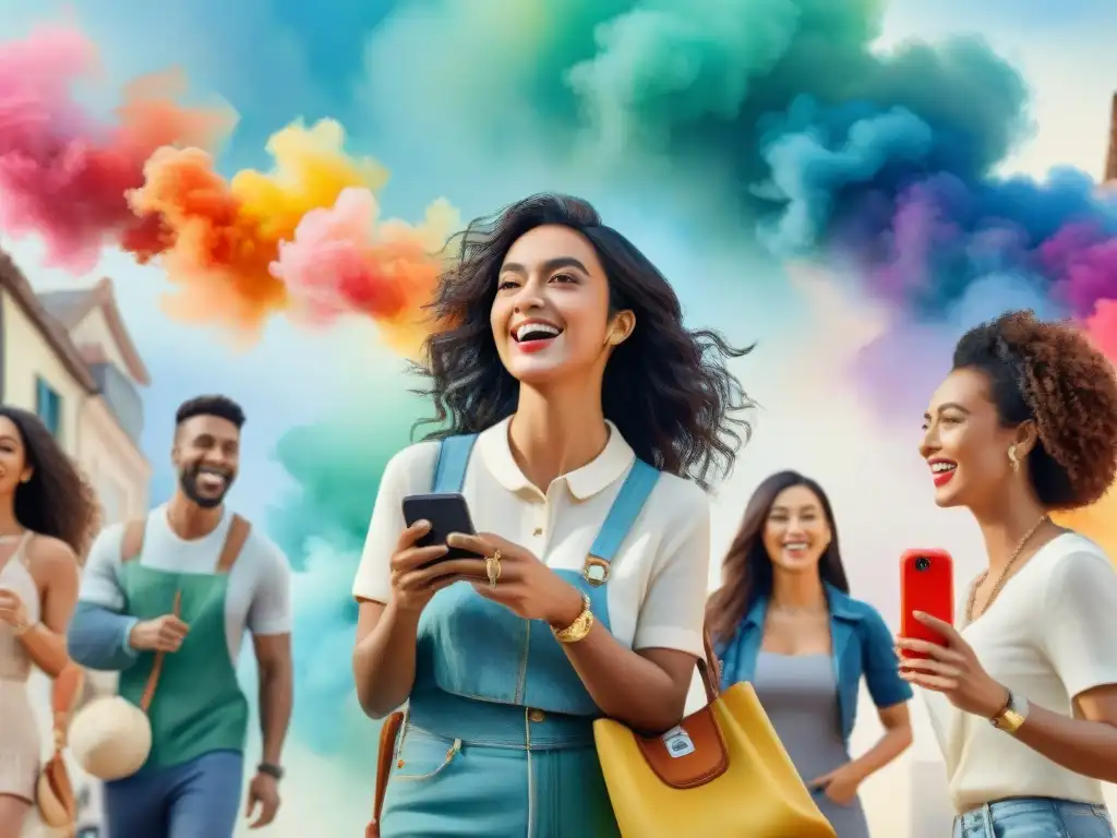 Vibrante ilustración acuarela de historias en Instagram Un mundo vibrante de narrativas visuales para Instagram, donde diversas personas interactúan creativamente