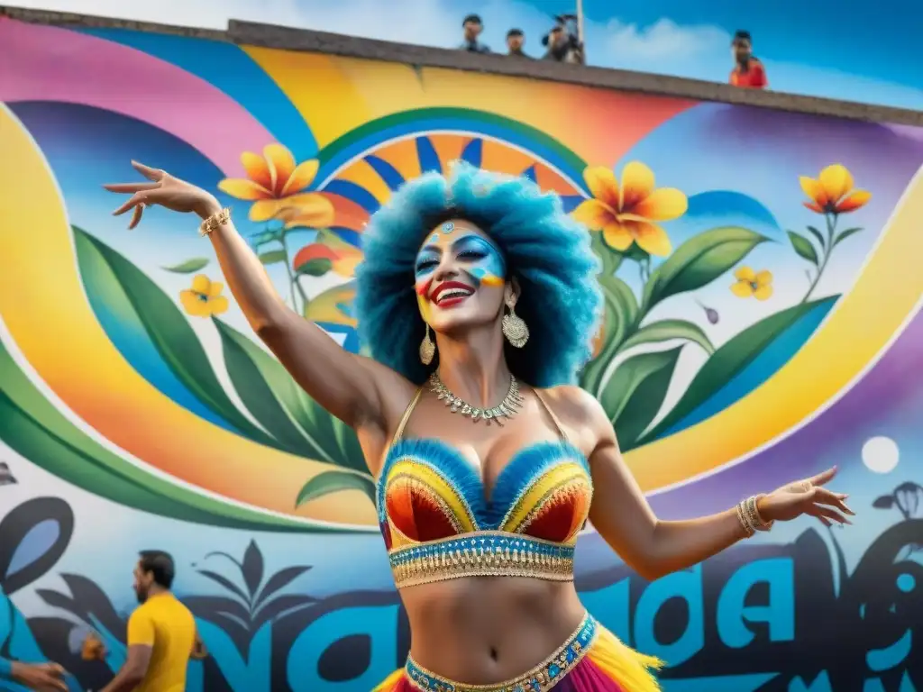 Murales vibrantes en Carnaval de Montevideo Un mural de graffiti destacado durante el Carnaval Uruguayo, con personajes folclóricos y jacarandas en Montevideo