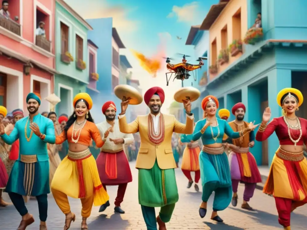 Murga tradicional y tecnología digital en la ciudad Una murga tradicional en la calle con transformación digital en las vestimentas y tecnología, en una atmósfera festiva