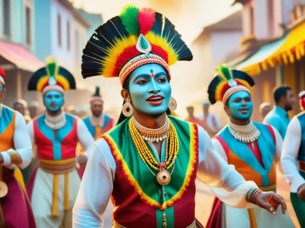 Murga vibrante: cantantes apasionados en carnaval colorido Una murga vibrante llena de color y pasión en pleno carnaval, destacando técnicas vocales para murga