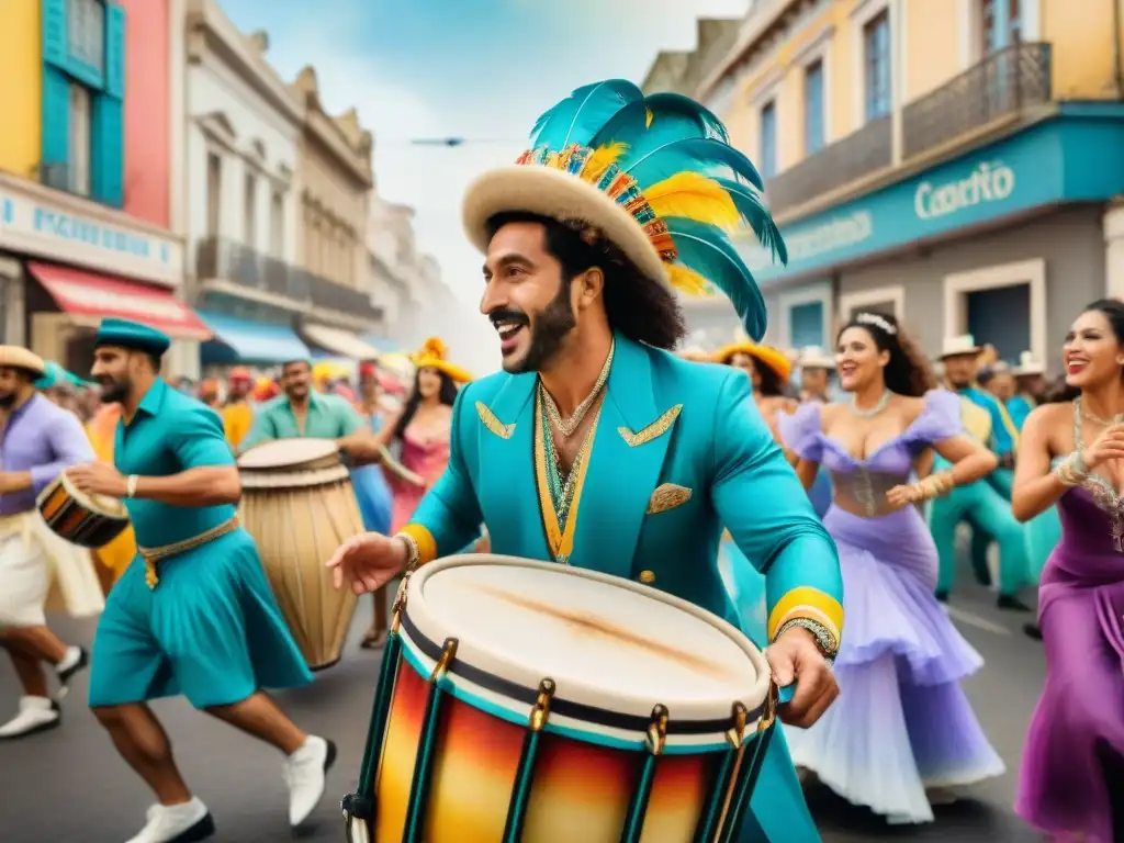 Intensa escena de carnaval en Uruguay: músicos en vibrante actuación Músicos de carnaval en Uruguay tocando tambores con concentración
