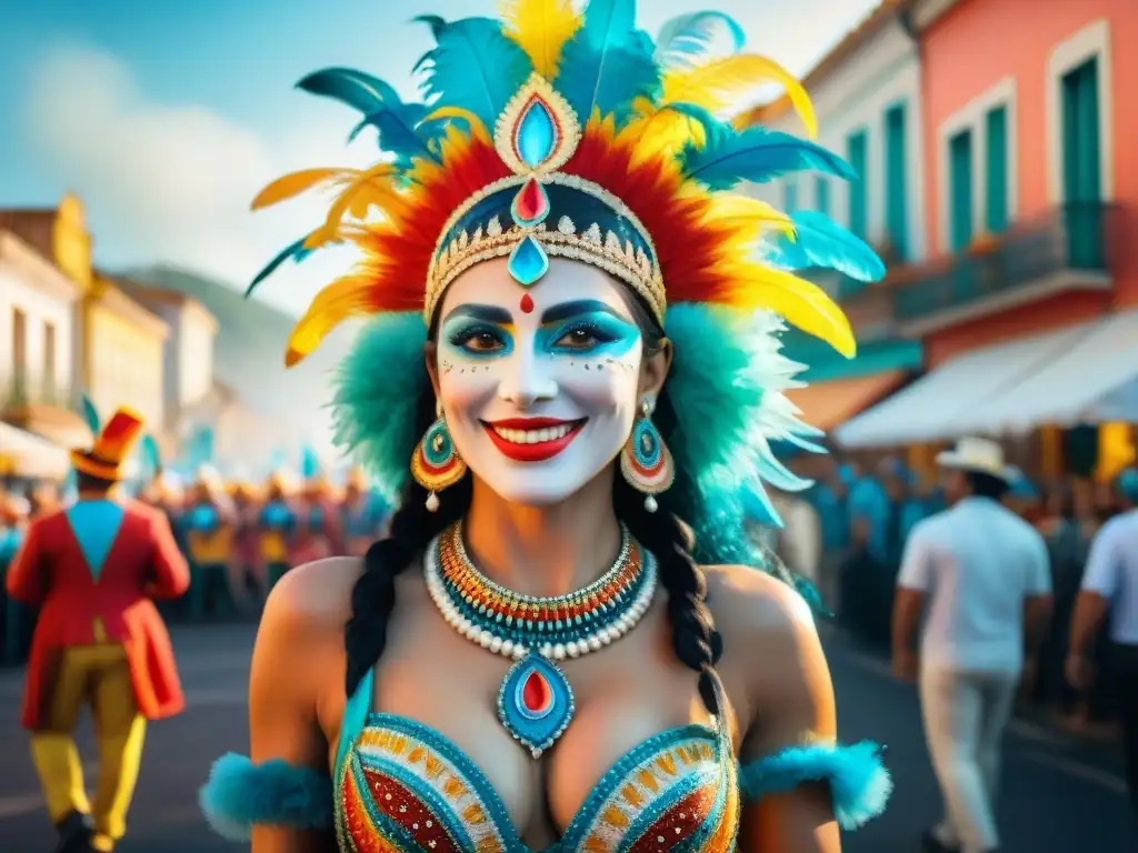 Ansina: la mágica figura del Carnaval Uruguayo en acuarela Obra de arte acuarela del Carnaval Uruguayo con Ansina, figura mítica, en desfile vibrante