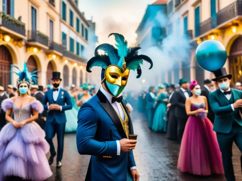 Baile de Máscaras de Carnaval en Uruguay: Opulencia y Celebración Obra vibrante de Carnaval Uruguayo: lujo, celebración y estilo en un baile enmascarado