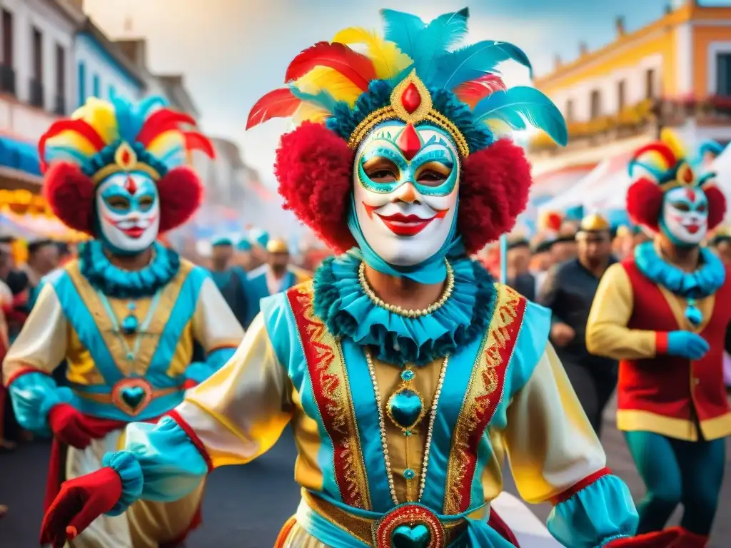 Deslumbrante desfile de Carnaval Uruguayo Obra vibrante de Carnaval Uruguayo con desfile colorido y espectadores entusiastas