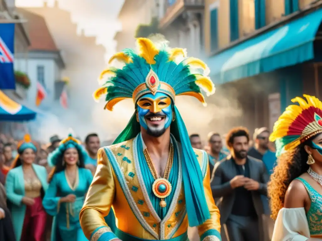 Esencia vibrante del Carnaval de Uruguay: Detalles en acuarela Paquetes exclusivos Carnaval Uruguay: Detalle acuarela del vibrante Carnaval uruguayo, con bailarines coloridos y espectadores animados