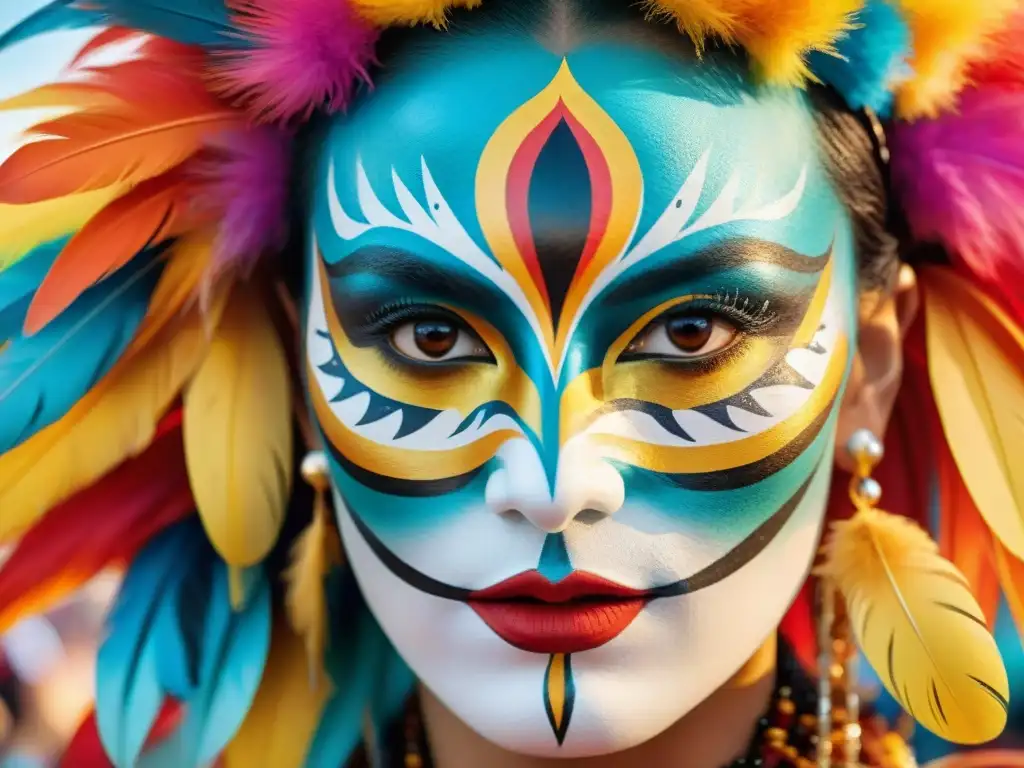 Ojos de Carnaval: vitalidad y misterio en colorida acuarela Un par de ojos cautivadores adornados con plumas y pintura facial, reflejando la energía del Carnaval Uruguayo