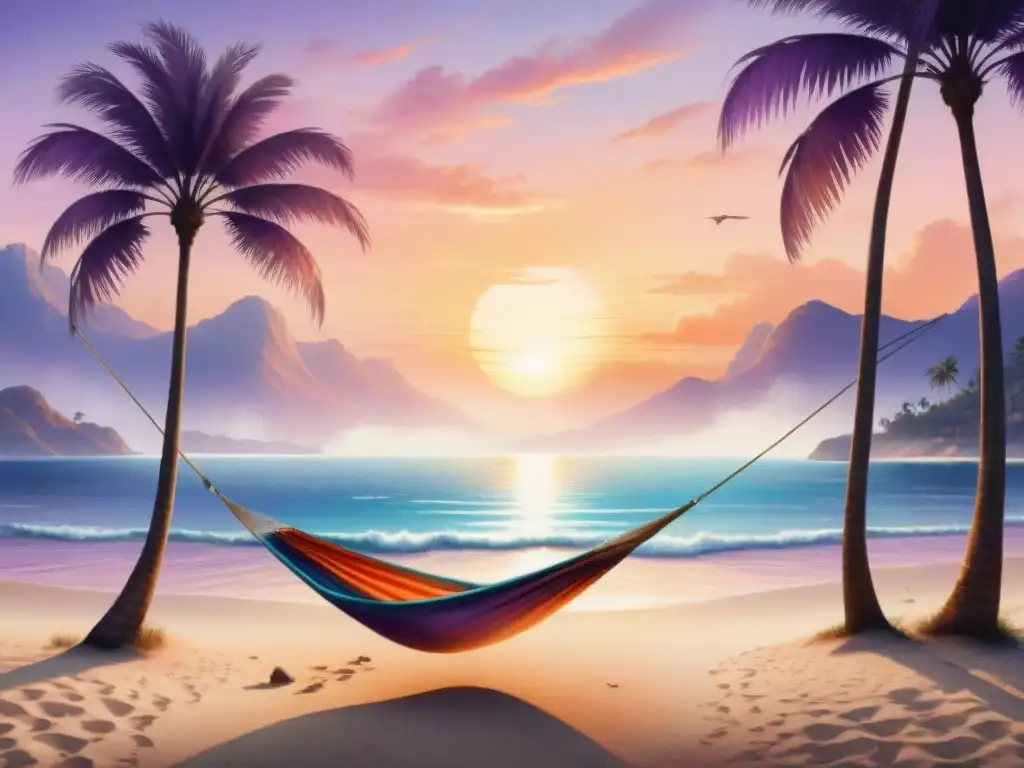 Ilustración acuarela detallada de playa al atardecer con palmeras y hamaca Un paraíso tropical al atardecer con palmeras, toallas de playa y mar tranquilo