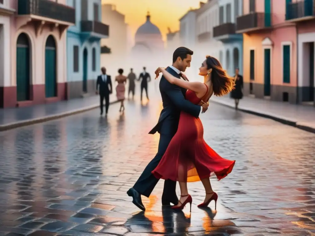 Romántico tango al atardecer en Montevideo Una pareja bailando el tango en Montevideo al atardecer, con edificios coloniales iluminados y espectadores aplaudiendo