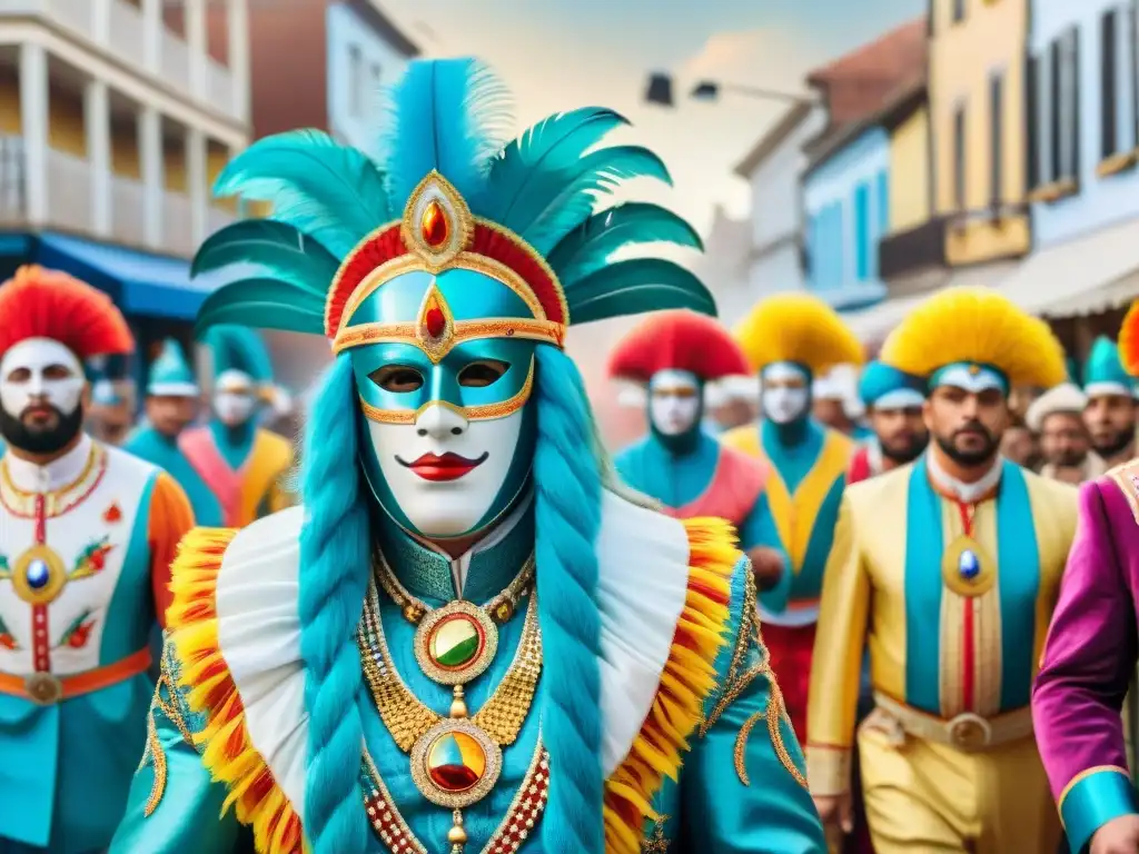 Carnaval en Uruguay: Evolución de Parodistas Increíble evolución de los parodistas en el Carnaval Uruguayo, reflejada en una colorida y detallada ilustración acuarela de un vibrante desfile