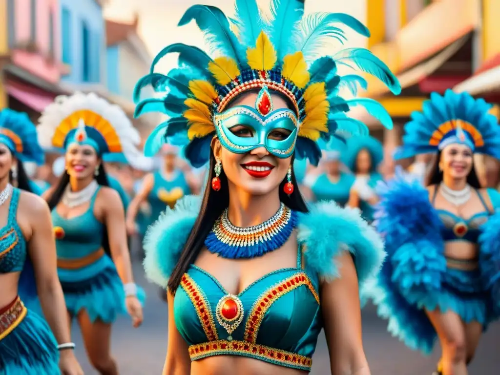Desfile de Carnaval: Mujeres con máscaras y plumas Participación de la mujer en el Carnaval Uruguayo: Mujeres con trajes tradicionales y máscaras coloridas bailan alegres en un desfile festivo