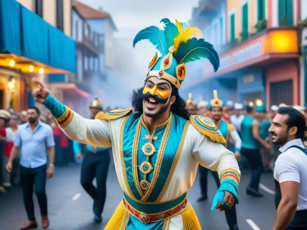 Desfile colorido y vibrante del Carnaval en Uruguay Patrocinio en el Carnaval Uruguayo: Desfile vibrante con música, coloridos carros alegóricos y espectadores emocionados