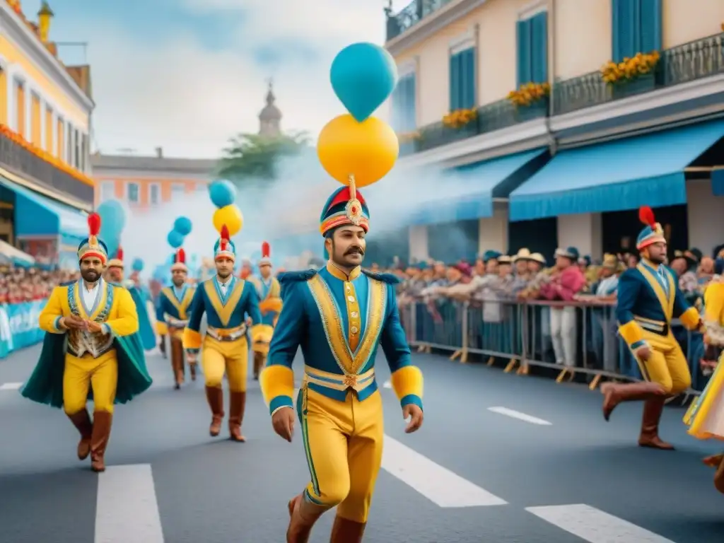 Pintura acuarela del Carnaval Uruguayo: alegría y colorido Patrocinios exitosos en Carnaval Uruguayo: Pintura acuarela vibrante de desfile colorido y festivo con carros alegóricos y bailarines