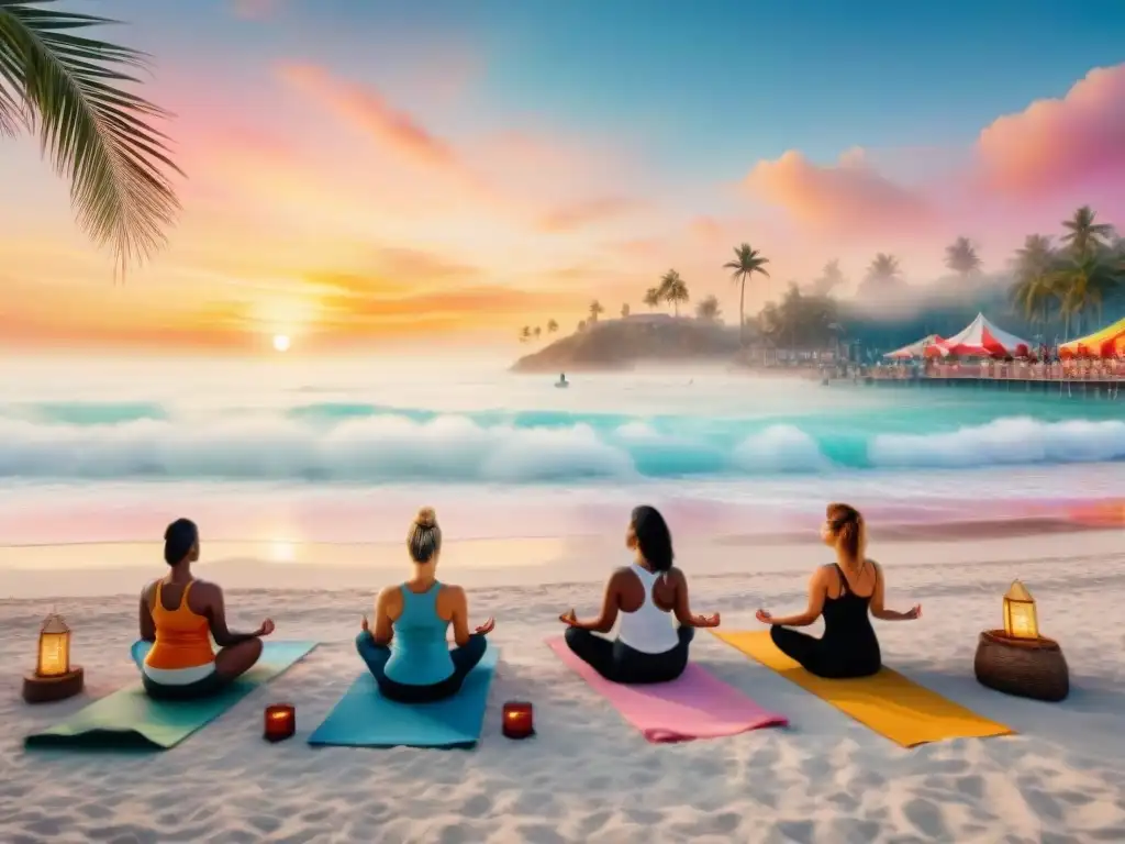 Personas practicando yoga en la playa al atardecer con máscaras de carnaval