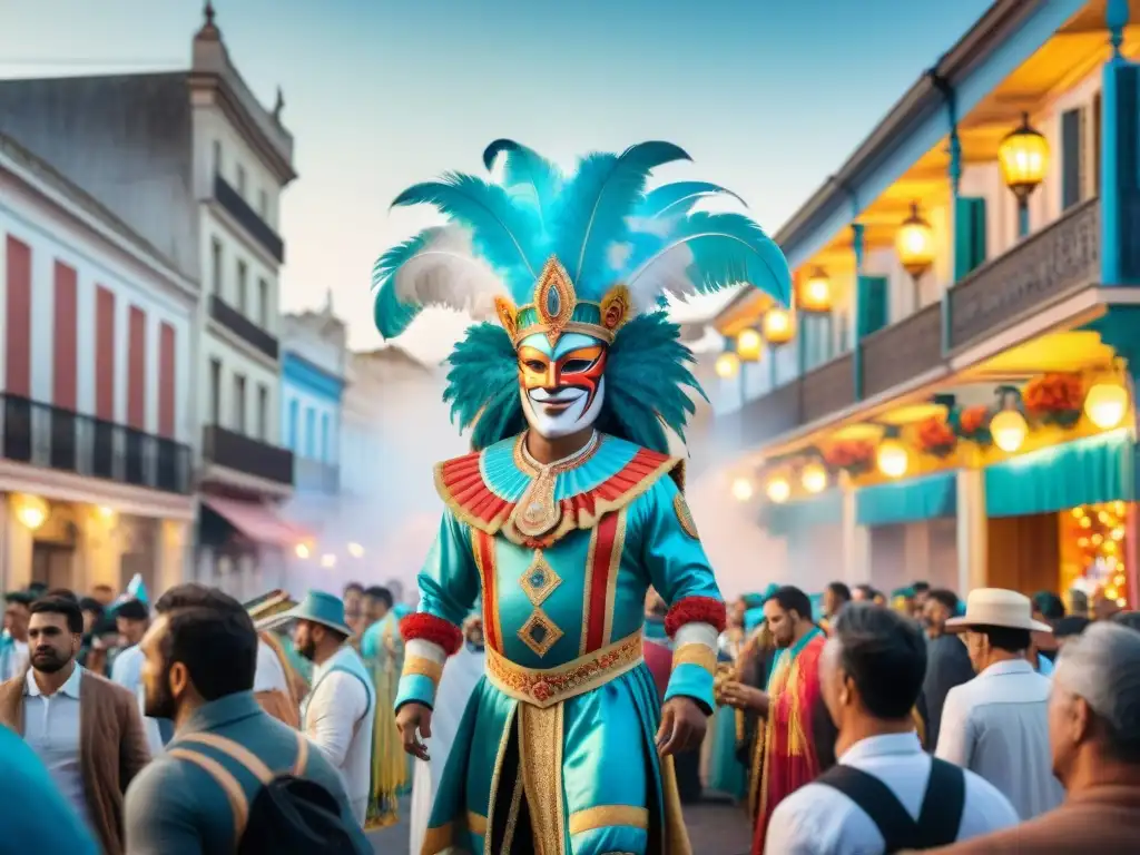 Carnaval en Uruguay: Colorida celebración en las calles Una pintura acuarela detalla un animado Carnaval en Uruguay, con deslumbrantes trajes y máscaras, carros alegóricos y arquitectura tradicional