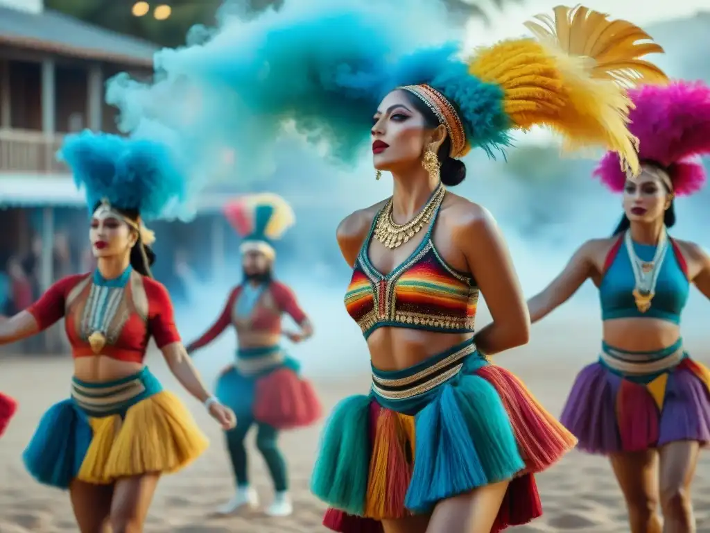 Explosión artística: Fusión de murga y comparsa en cortos uruguayos Una pintura acuarela muestra la fusión artística en cortometrajes uruguayos con murga, comparsa y elementos cinematográficos