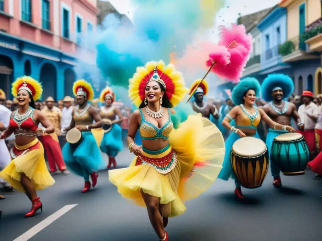 Carnaval en Uruguay: Celebración vibrante de música y baile Una pintura acuarela detalla el carnaval de Uruguay con bailarines de candombe