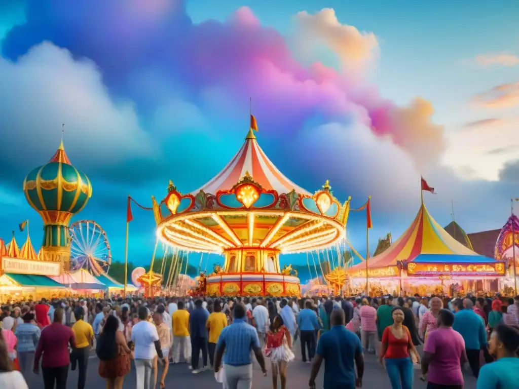 Colorida escena de carnaval: alegría familiar y diversión en la ciudad Una pintura acuarela detallada de un alegre carnaval con familias disfrutando