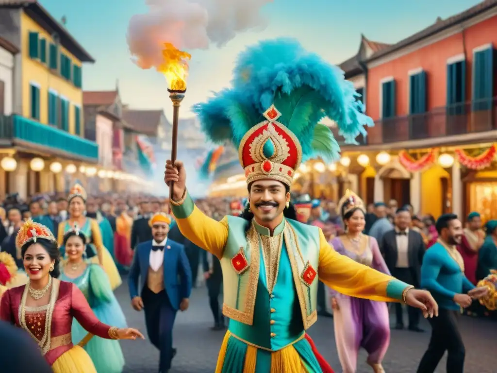 Pintura acuarela del Carnaval: tradición y conexión familiar Una pintura acuarela detallada de un animado Carnaval con tradición familiar, floats elaborados y espectadores alegres