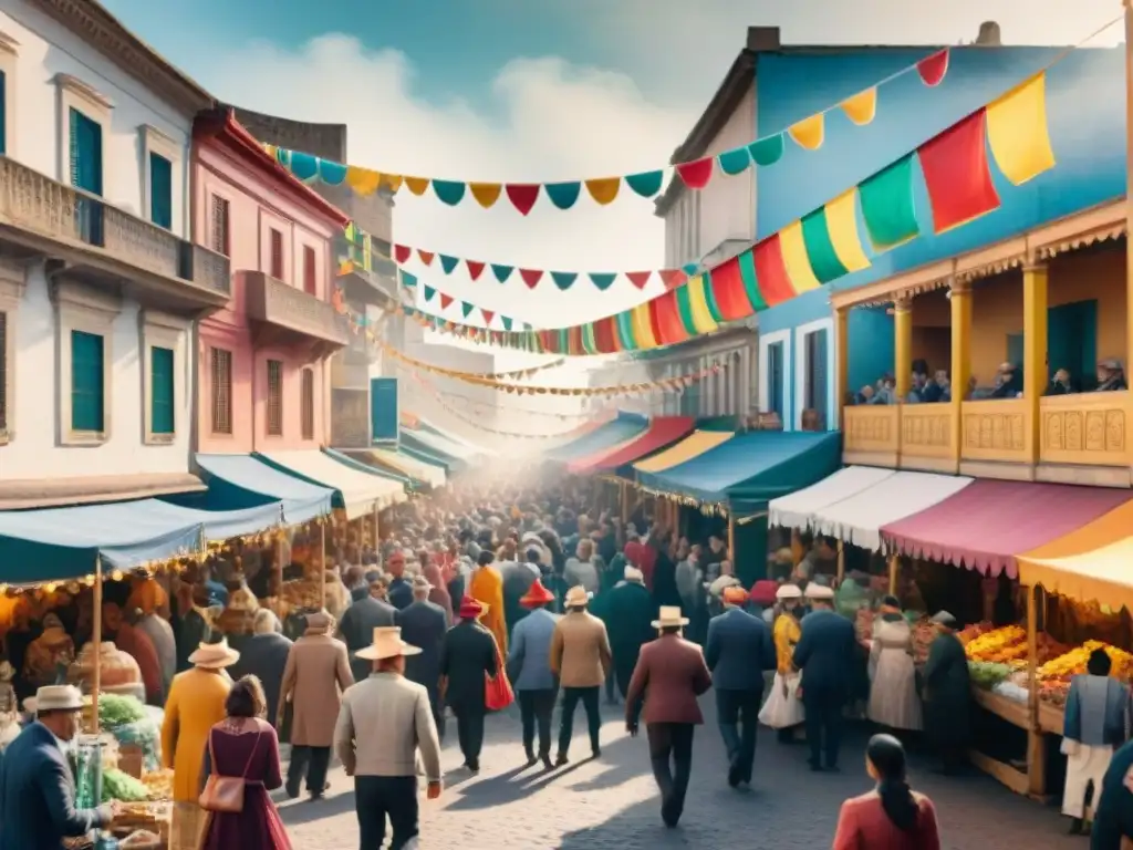 Mercado colorido durante Carnaval en Uruguay Una pintura acuarela detallada de un bullicioso mercado callejero en Uruguay durante el Carnaval