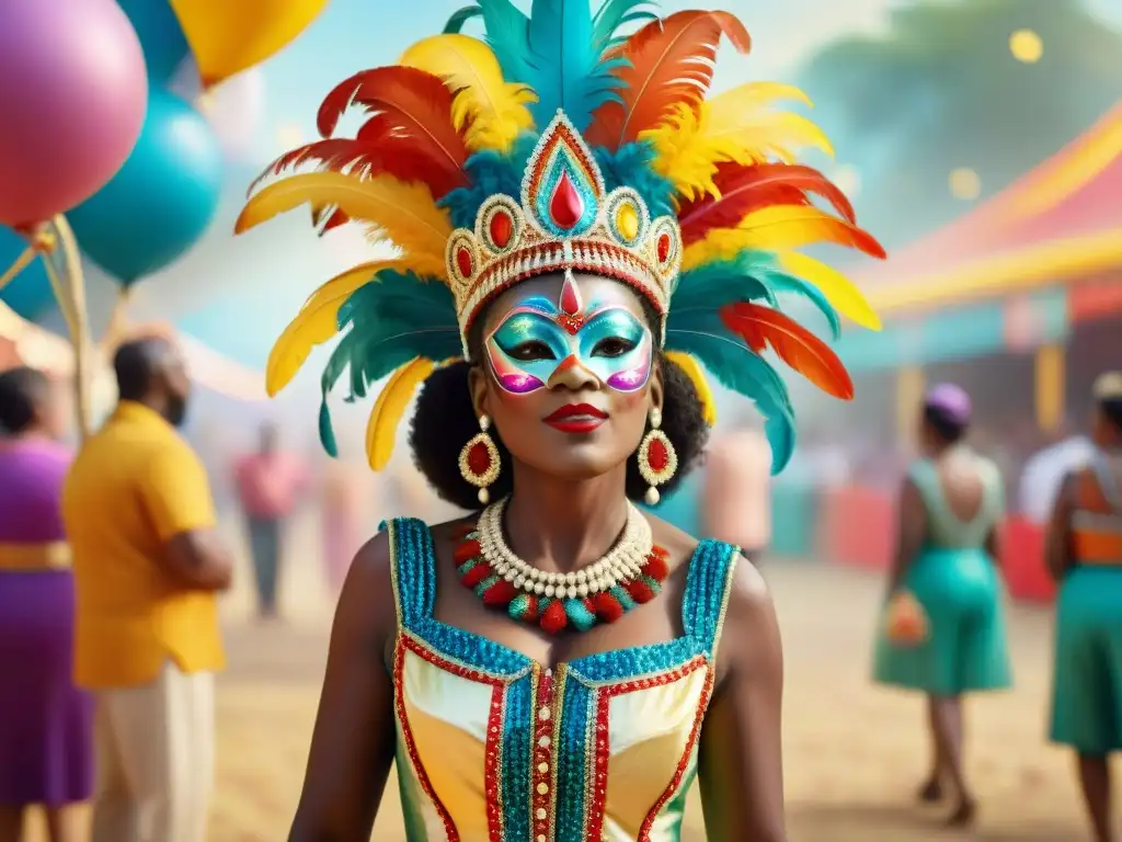 Retrato familiar en acuarela: legado de tradiciones carnavalescas Una pintura acuarela detallada de tres generaciones de una familia vibrante en trajes de carnaval tradicionales