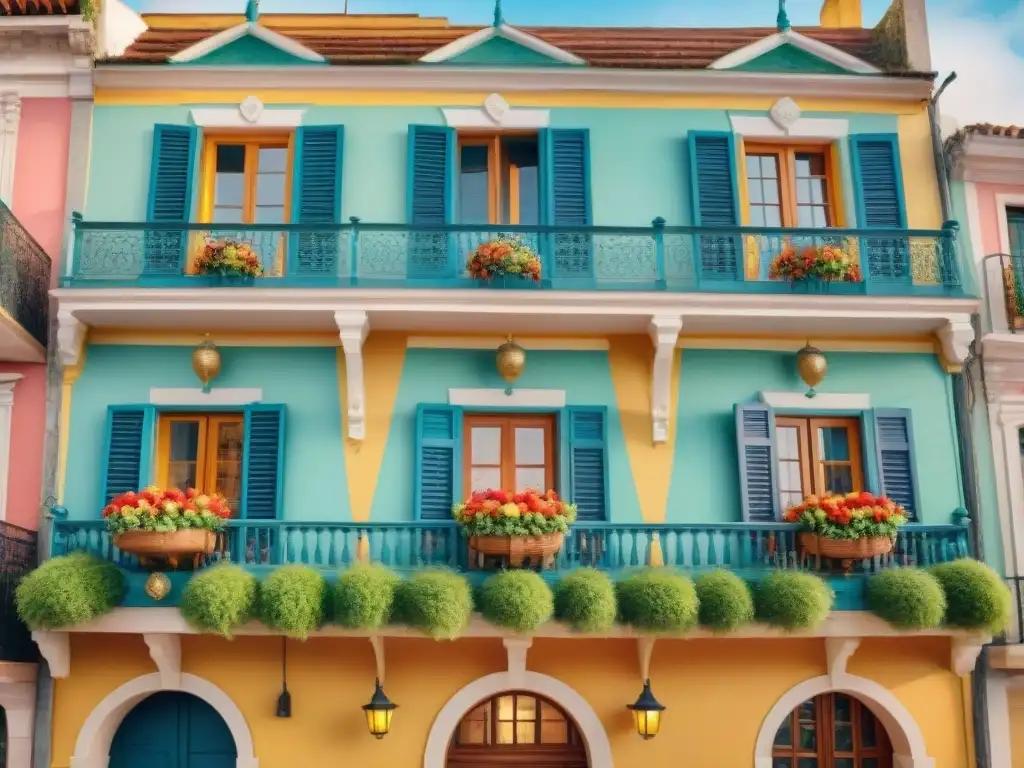 Hotel de lujo en Uruguay durante el Carnaval, acuarela detallada Una pintura acuarela detallada de un lujoso hotel tradicional en Uruguay durante el Carnaval