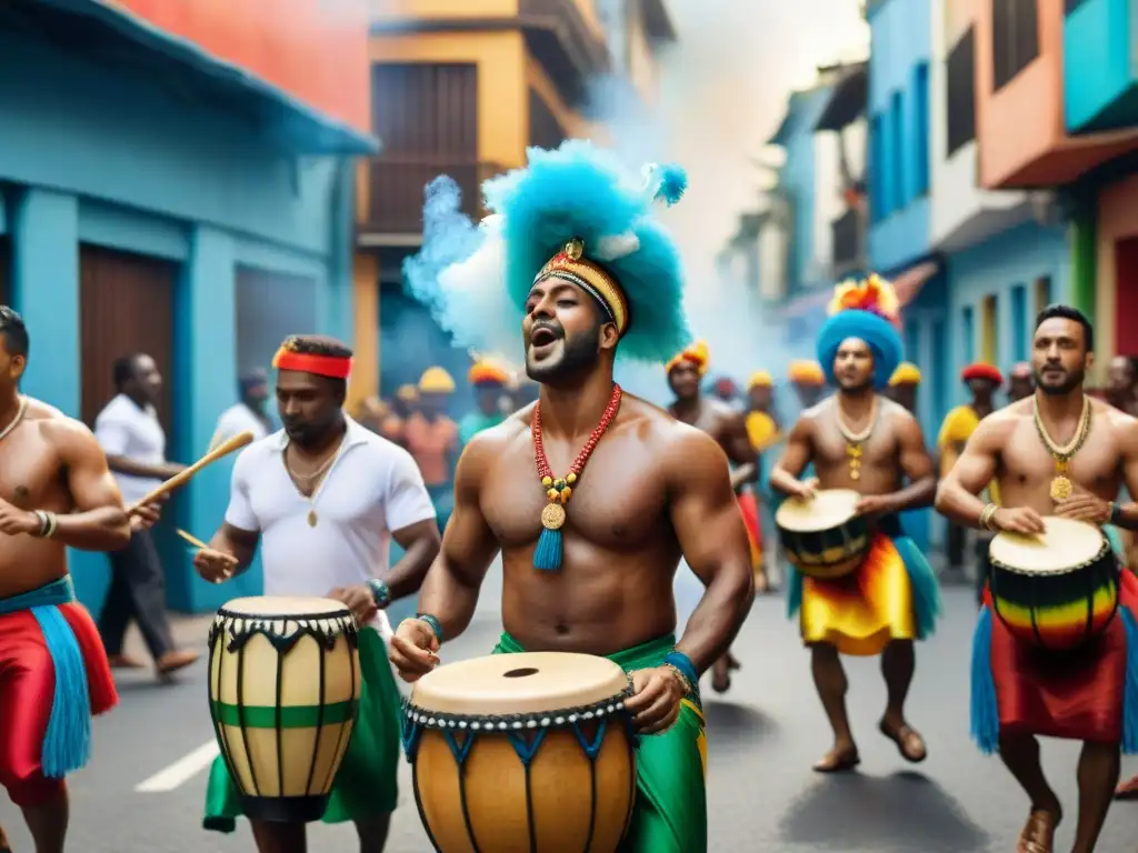 Deslumbrante pintura acuarela de músicos de Candombe en desfile callejero Una pintura de acuarela detallada con músicos tocando ritmos tradicionales de Candombe con instrumentos raros en un desfile callejero vibrante