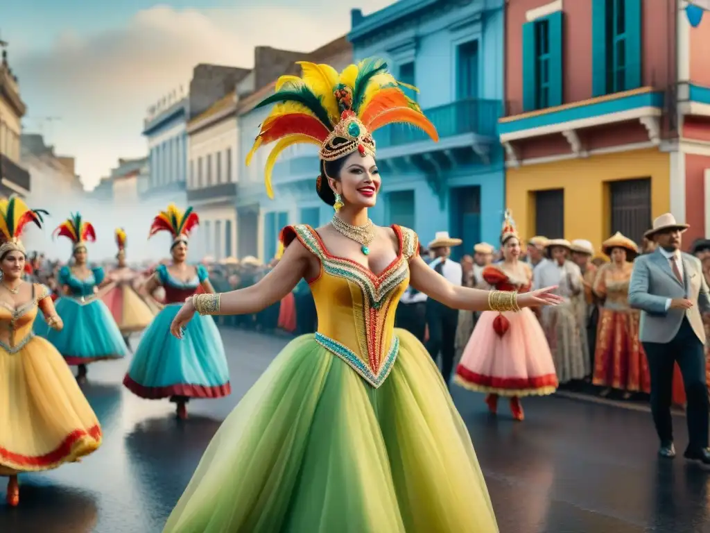 Colorido Carnaval en Uruguay: Vibrante escena callejera Una pintura acuarela detallada de los orígenes del Carnaval Uruguayo: vibrante escena callejera con desfiles y espectadores emocionados