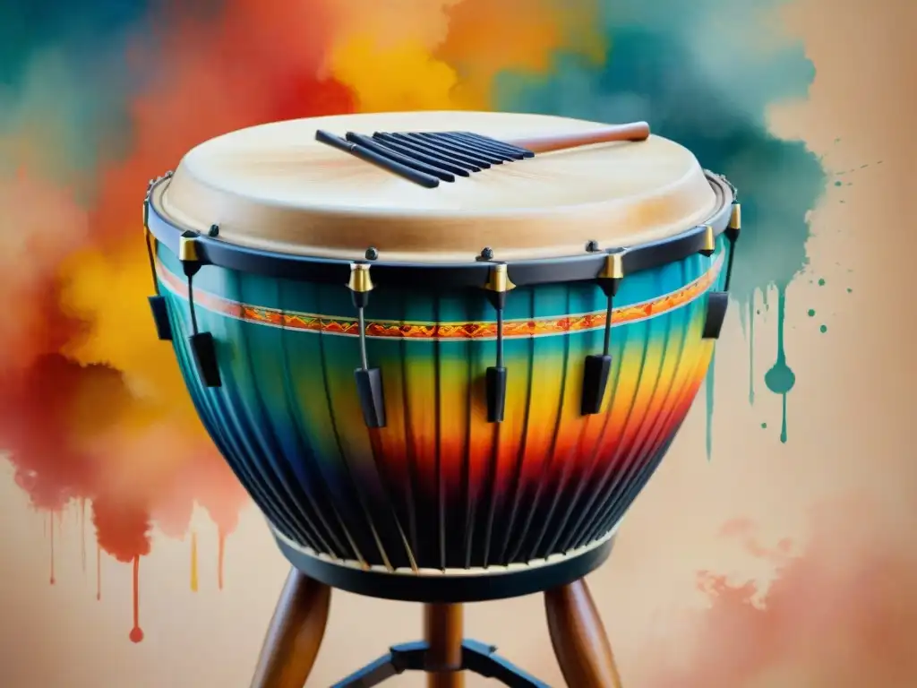 Arte en acuarela: Tambor Piano de Candombe Una pintura acuarela detallada de un Tambor Piano, instrumento raro en el Candombe, con colores vibrantes y patrones energéticos