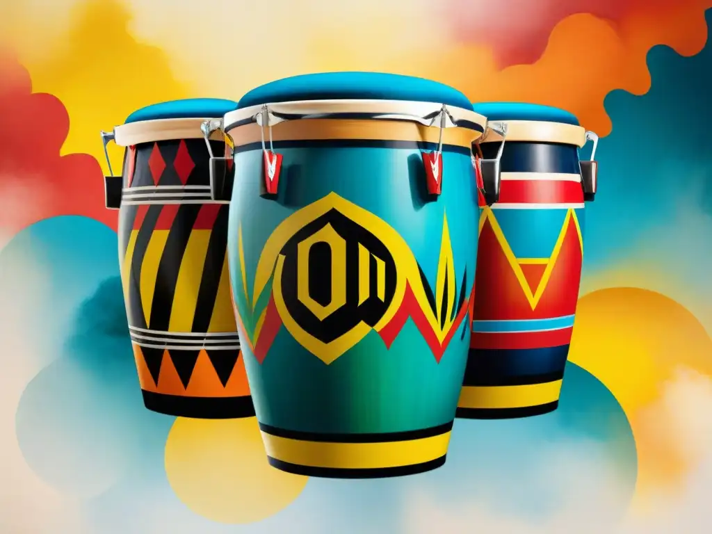 Pintura acuarela detallada de tambores de Candombe Una pintura acuarela detallada de los Tipos de tambores en Candombe: Chico, Repique y Piano, con vibrantes colores y diseños