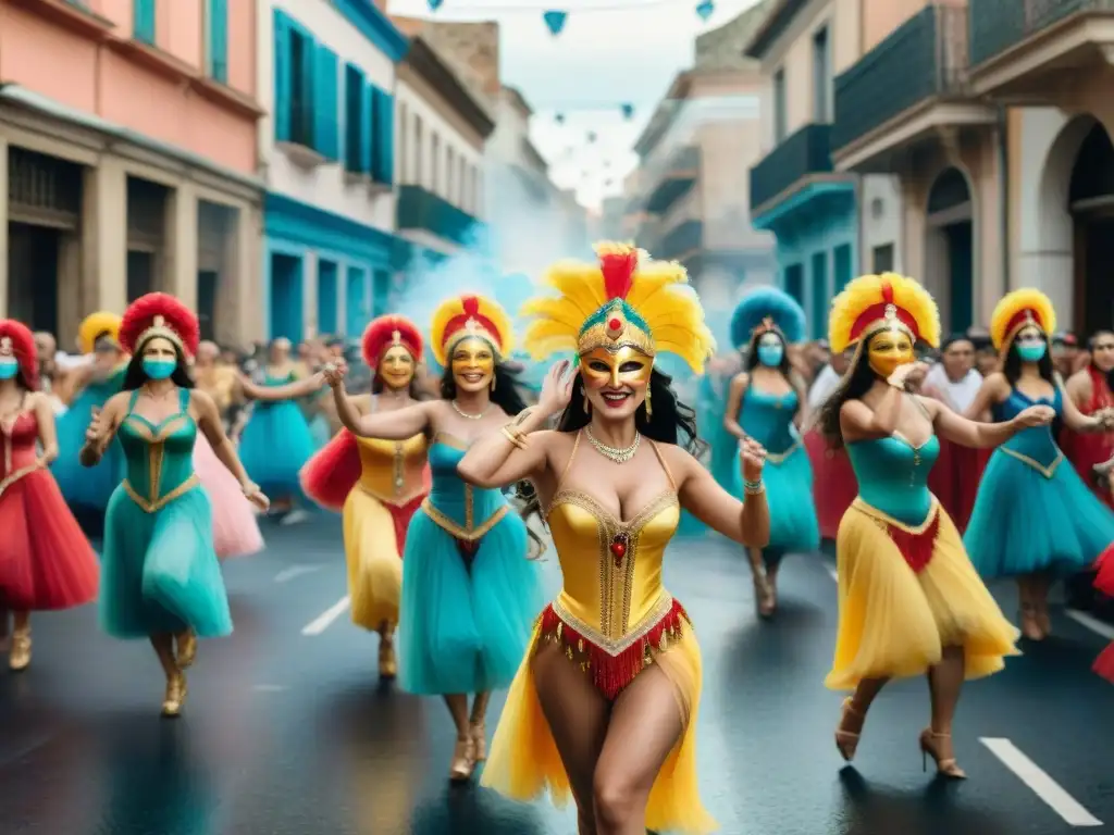 Carnaval uruguayo: fusión italiana y española en danzas coloridas Una pintura acuarela detallada de un vibrante carnaval uruguayo, con influencias europeas en trajes y bailes festivos