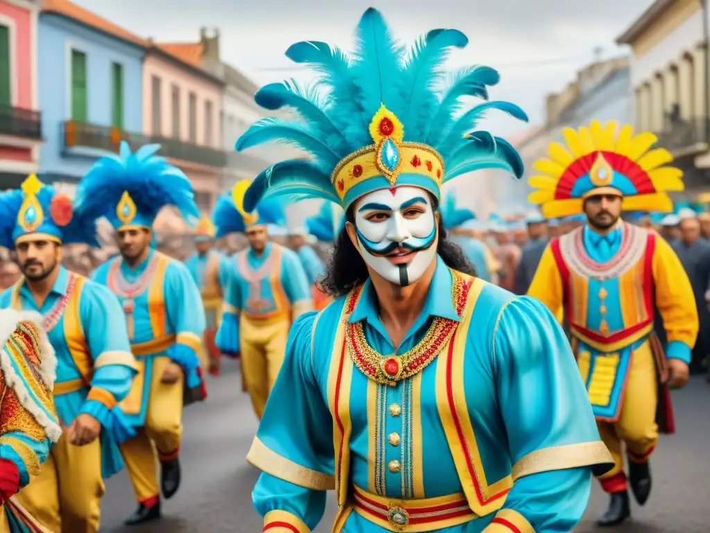 Desfile de Carnaval en Uruguay: Color y alegría Una pintura acuarela detallada de un vibrante desfile de carnaval en Uruguay, resaltando la energía y pasión de los participantes